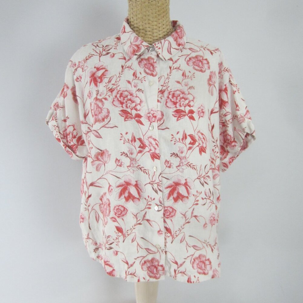 Cynthia Rowley Womens M Linen Ivory Pink Floral Toile Print SS Shirt Relaxed